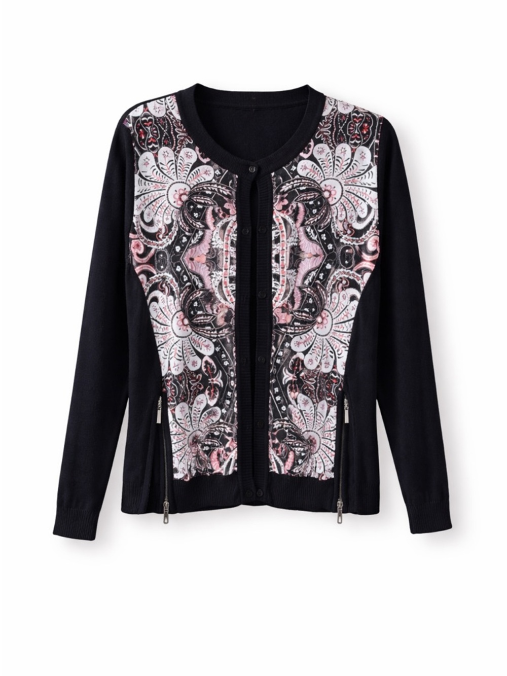 Floral Cardigan Sweater Black Pink Zip Detail Soft Knit Size 36
